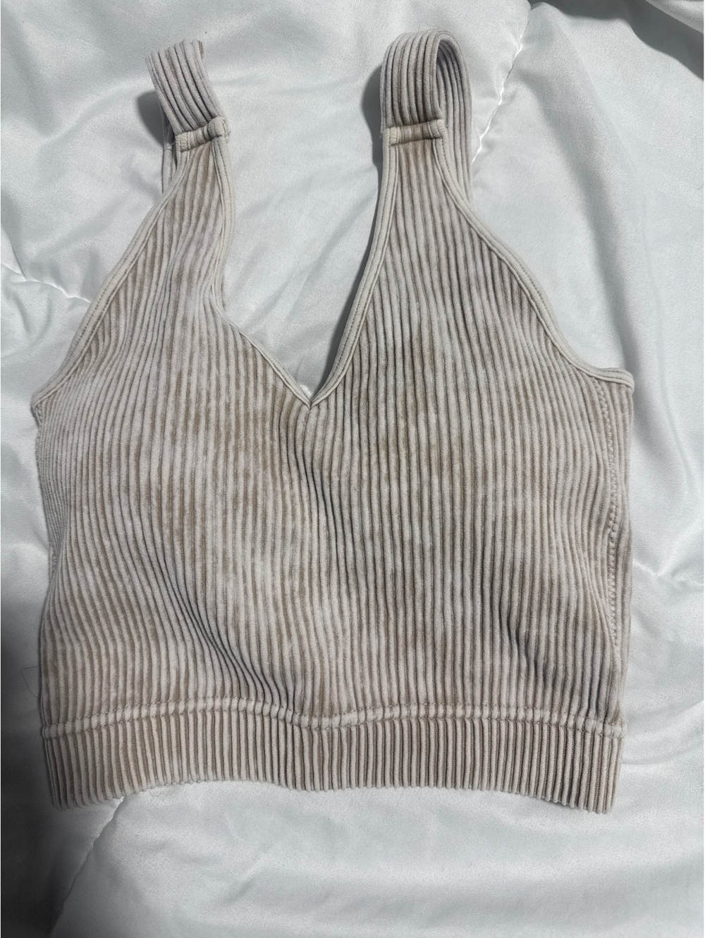 ZENANA Ribbed‎ V-Neck Bra in Beige, Size S/M